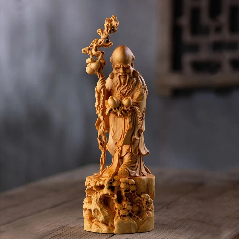 Boxwood 22CM Longevity God Sculpture Feng Shui Buddha Statue Lucky Wood Statue Three Stars Home Decor