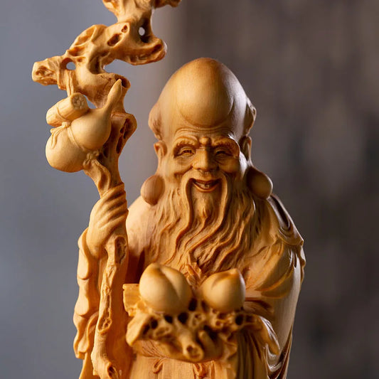 Boxwood 22CM Longevity God Sculpture Feng Shui Buddha Statue Lucky Wood Statue Three Stars Home Decor