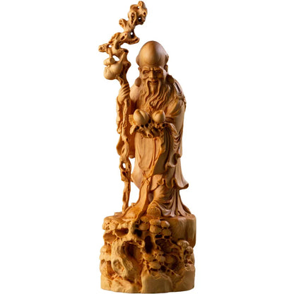 Boxwood 22CM Longevity God Sculpture Feng Shui Buddha Statue Lucky Wood Statue Three Stars Home Decor