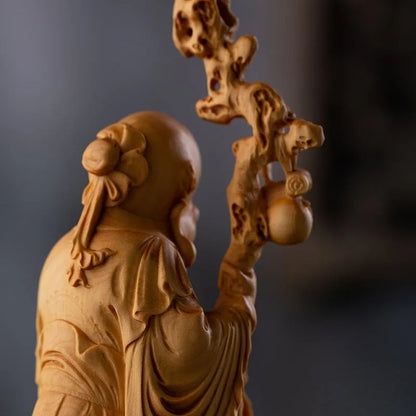 Boxwood 22CM Longevity God Sculpture Feng Shui Buddha Statue Lucky Wood Statue Three Stars Home Decor
