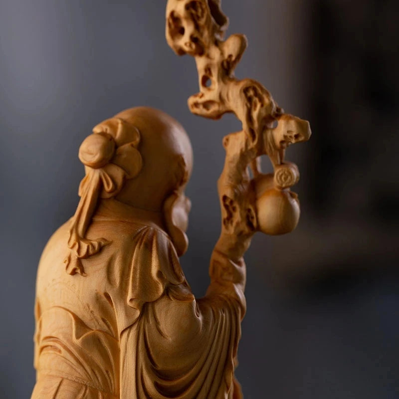 Boxwood 22CM Longevity God Sculpture Feng Shui Buddha Statue Lucky Wood Statue Three Stars Home Decor