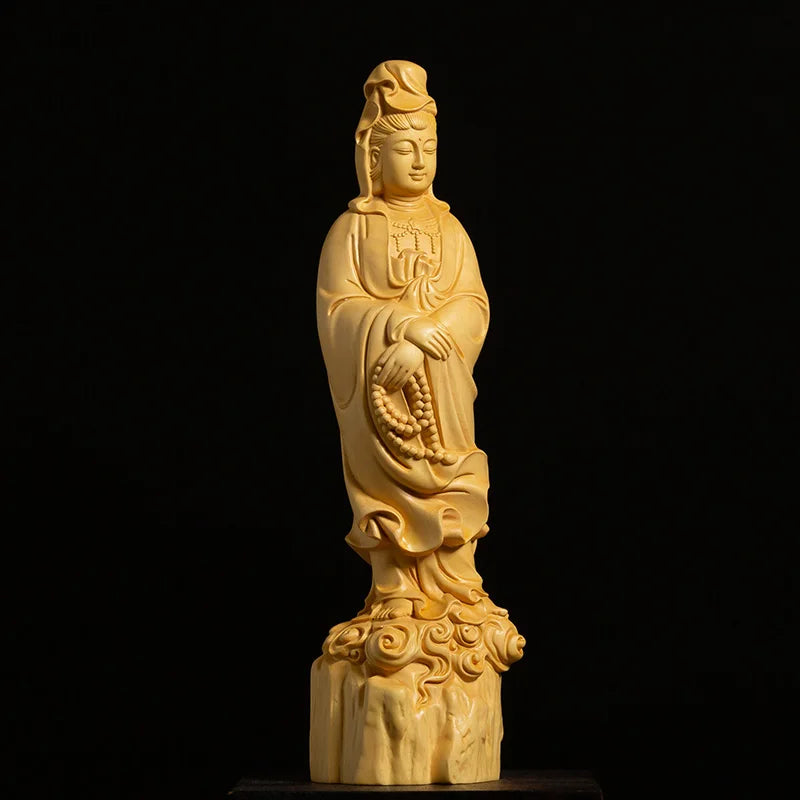Boxwood 22cm Guanyin Sculpture Wood Buddha Guan Yin Statue Worship Feng Shui Home Decor