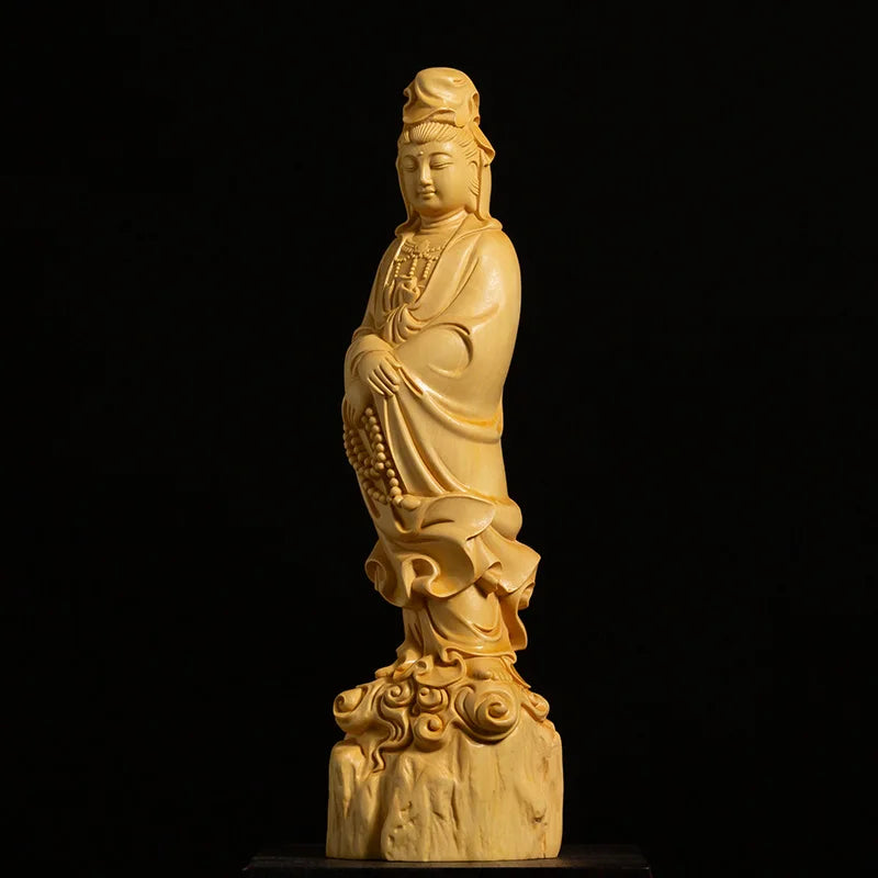 Boxwood 22cm Guanyin Sculpture Wood Buddha Guan Yin Statue Worship Feng Shui Home Decor