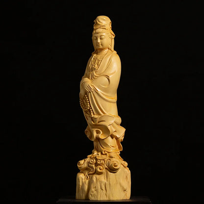 Boxwood 22cm Guanyin Sculpture Wood Buddha Guan Yin Statue Worship Feng Shui Home Decor