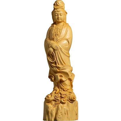 Boxwood 22cm Guanyin Sculpture Wood Buddha Guan Yin Statue Worship Feng Shui Home Decor