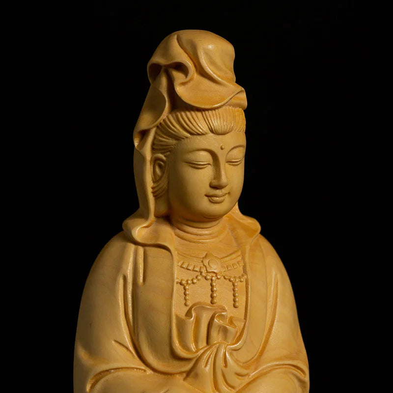 Boxwood 22cm Guanyin Sculpture Wood Buddha Guan Yin Statue Worship Feng Shui Home Decor