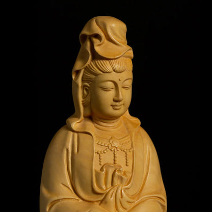 Boxwood 22cm Guanyin Sculpture Wood Buddha Guan Yin Statue Worship Feng Shui Home Decor