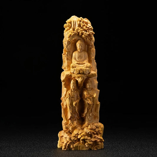 Boxwood 23CM Buddha Sculpture Western Three Saints Wood Carving Sakyamuni Buddha Statue Home Decor