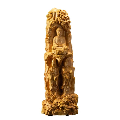 Boxwood 23CM Buddha Sculpture Western Three Saints Wood Carving Sakyamuni Buddha Statue Home Decor