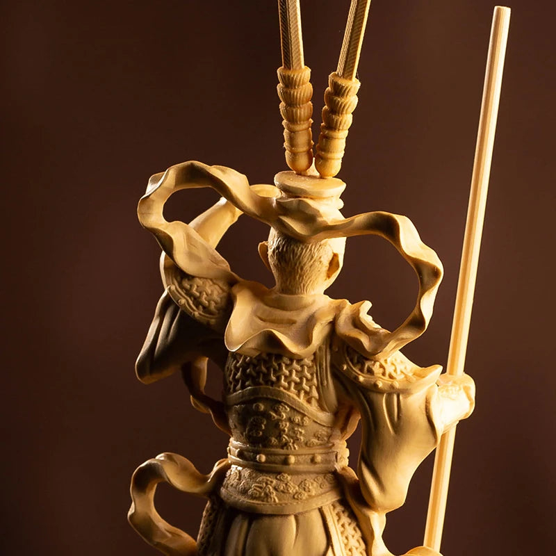 Boxwood 23cm Monkey King SculptureSun Wukong Wood Buddha Status Journey To The West Home Decoration