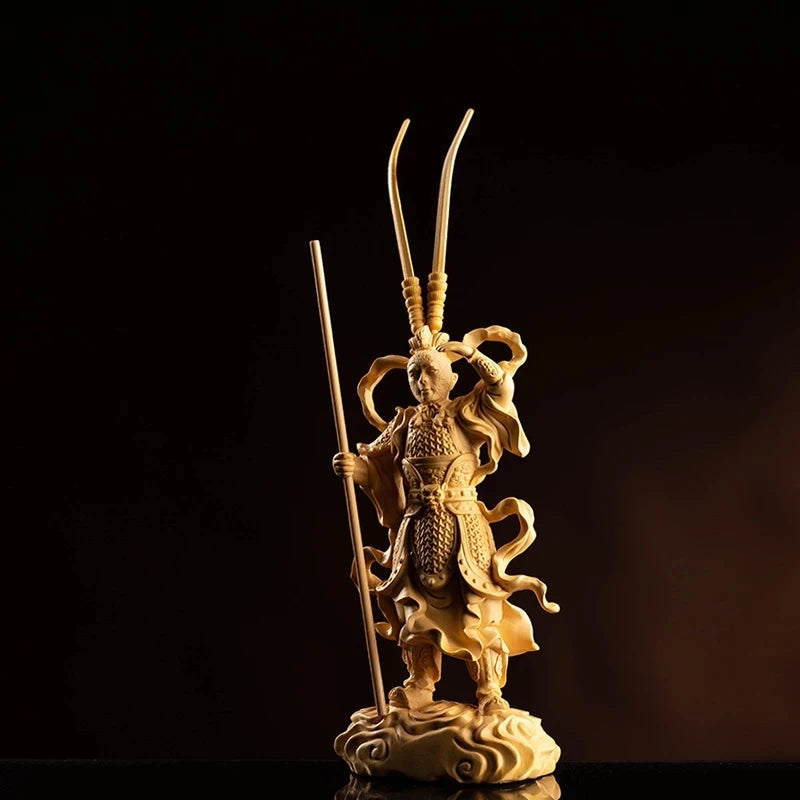 Boxwood 23cm Monkey King SculptureSun Wukong Wood Buddha Status Journey To The West Home Decoration