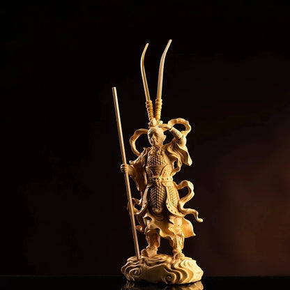 Boxwood 23cm Monkey King SculptureSun Wukong Wood Buddha Status Journey To The West Home Decoration