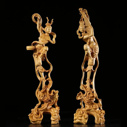 Boxwood 24CM Dunhuang Flying Fairy Sculpture Maiden Figure Collection Mythical Beauty Wood Statue home decor