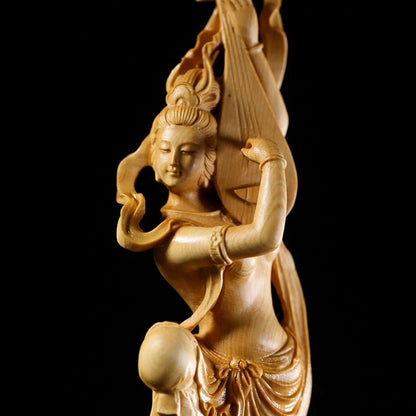 Boxwood 24CM Dunhuang Flying Fairy Sculpture Maiden Figure Collection Mythical Beauty Wood Statue home decor