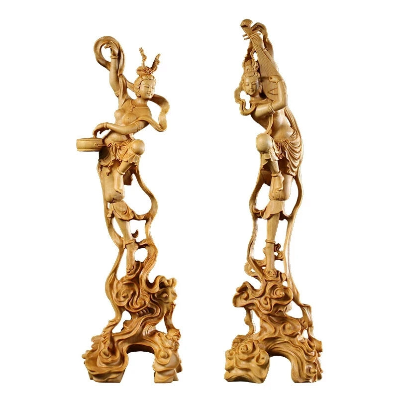 Boxwood 24CM Dunhuang Flying Fairy Sculpture Maiden Figure Collection Mythical Beauty Wood Statue home decor