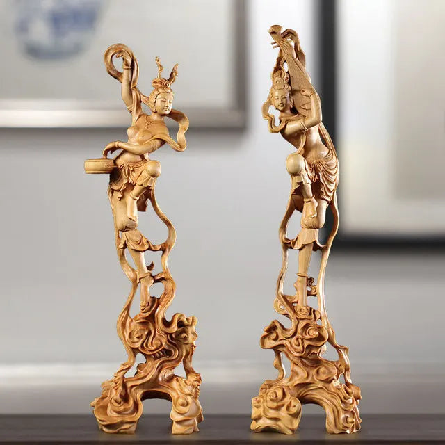 Boxwood 24CM Dunhuang Flying Fairy Sculpture Maiden Figure Collection Mythical Beauty Wood Statue home decor