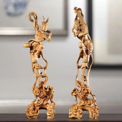 Boxwood 24CM Dunhuang Flying Fairy Sculpture Maiden Figure Collection Mythical Beauty Wood Statue home decor
