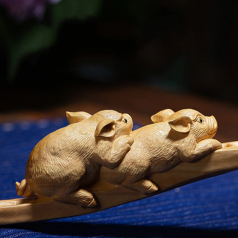 Boxwood 24CM Pig Sculpture Wood Animal Ruyi Statue Auspicious Piggy Lucky Home Decor