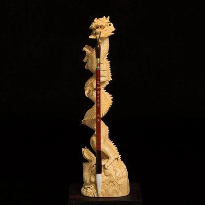 Boxwood 25cm 32cm Dragon Brush Hanging Sculpture Wood Carving God Beast Statue Animal Pen Frame Home Decor
