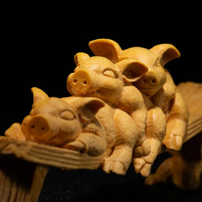 Boxwood 27cm Pig Sculpture Wood Animals Lucky Statue Relaxing Piggies Home Decor