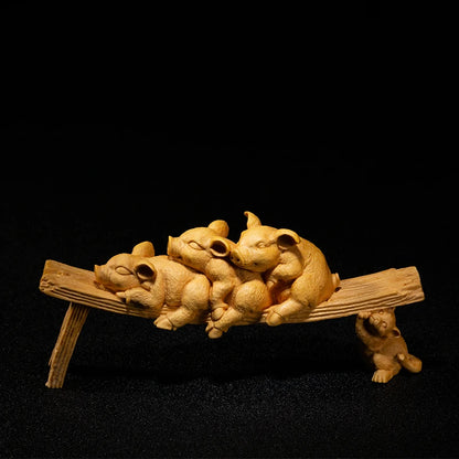 Boxwood 27cm Pig Sculpture Wood Animals Lucky Statue Relaxing Piggies Home Decor