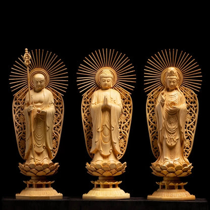 Boxwood 27cm Three Buddha Sculpture wood Carvings Guanyin Shakyamuni Ksitigarbha Statue Home Decor