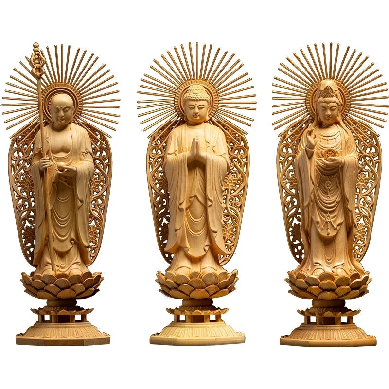 Boxwood 27cm Three Buddha Sculpture wood Carvings Guanyin Shakyamuni Ksitigarbha Statue Home Decor