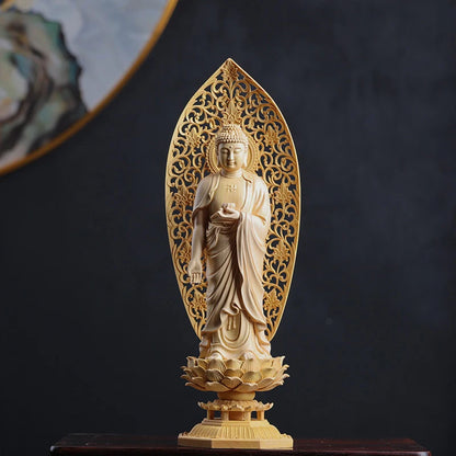 Boxwood 29cm Three Buddha Sculpture Sakyamuni Figure Guanyin Wood Carving Goddess Statue Home Decor