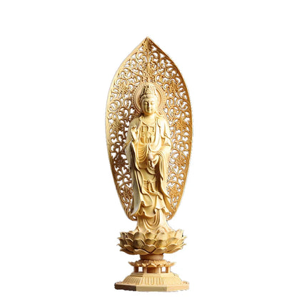 Boxwood 29cm Three Buddha Sculpture Sakyamuni Figure Guanyin Wood Carving Goddess Statue Home Decor