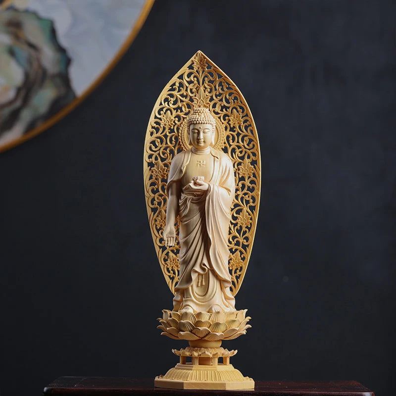 Boxwood 29cm Three Buddha Sculpture Sakyamuni Figure Guanyin Wood Carving Goddess Statue Home Decor