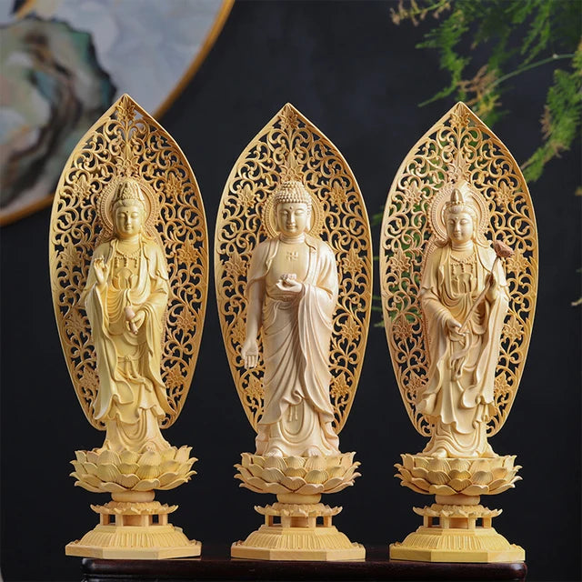 Boxwood 29cm Three Buddha Sculpture Sakyamuni Figure Guanyin Wood Carving Goddess Statue Home Decor