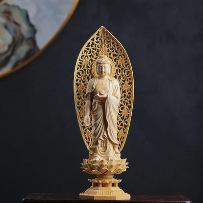 Boxwood 29cm Three Buddha Sculpture Sakyamuni Figure Guanyin Wood Carving Goddess Statue Home Decor