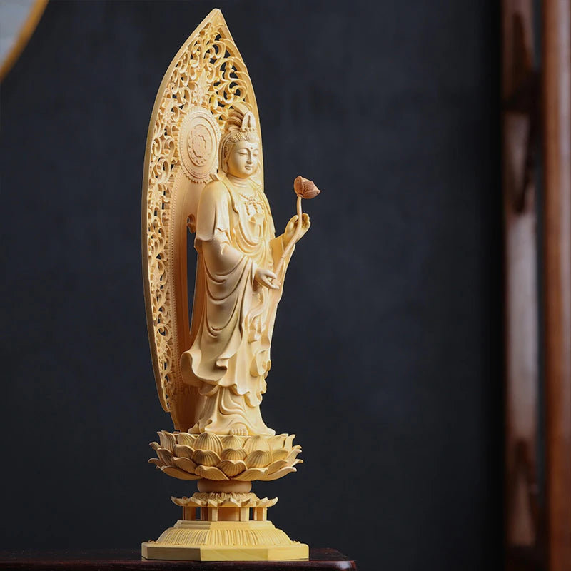 Boxwood 29cm Three Buddha Sculpture Sakyamuni Figure Guanyin Wood Carving Goddess Statue Home Decor