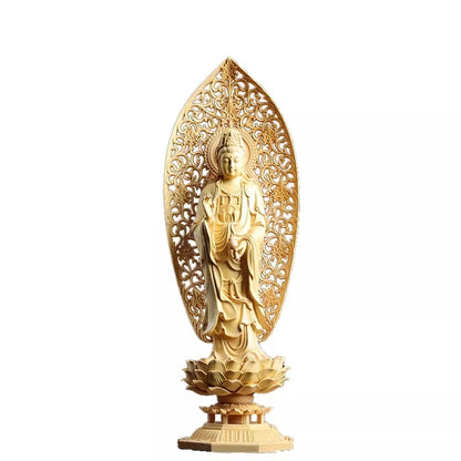 Boxwood 29cm Three Buddha Sculpture Sakyamuni Figure Guanyin Wood Carving Goddess Statue Home Decor