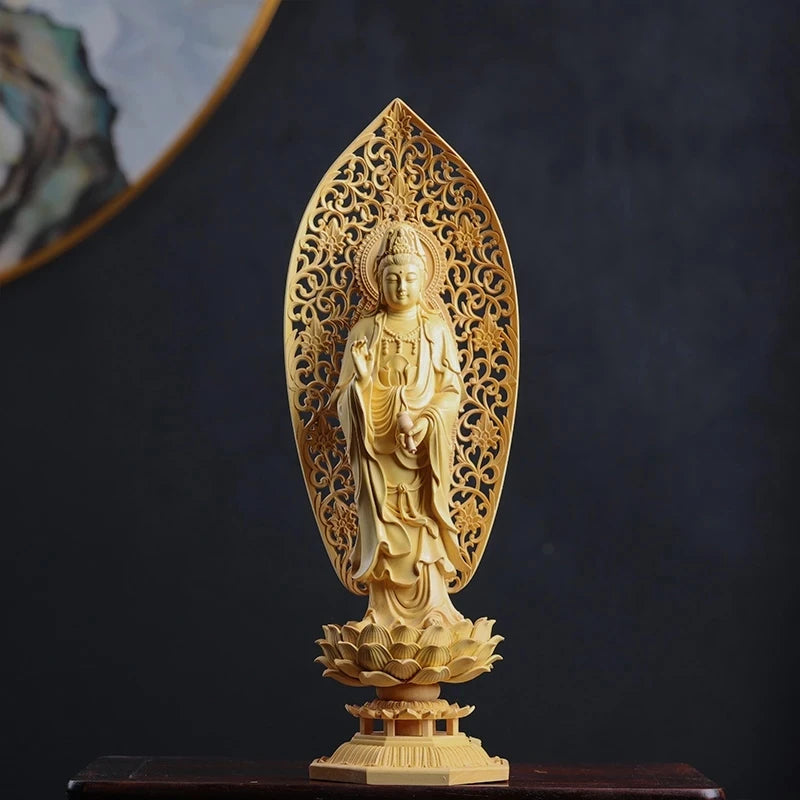 Boxwood 29cm Three Buddha Sculpture Sakyamuni Figure Guanyin Wood Carving Goddess Statue Home Decor