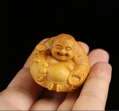 Boxwood 3 4 5 7cm Maitreya Sculpture Wood Carving Buddha Statue Laughing Buddha Home Decor