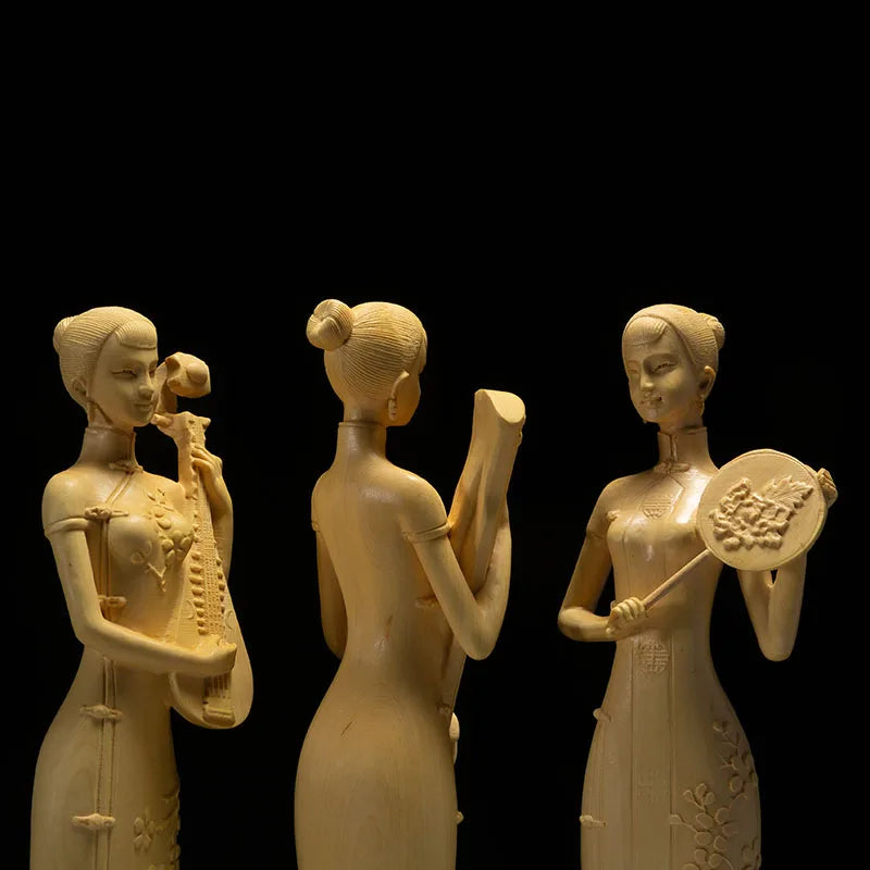 Boxwood 30cm Chinese Classical Beauty Sculpture Three Beauty Ladies Wood Carving Home Decor