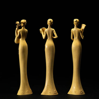 Boxwood 30cm Chinese Classical Beauty Sculpture Three Beauty Ladies Wood Carving Home Decor