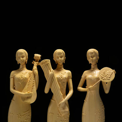 Boxwood 30cm Chinese Classical Beauty Sculpture Three Beauty Ladies Wood Carving Home Decor