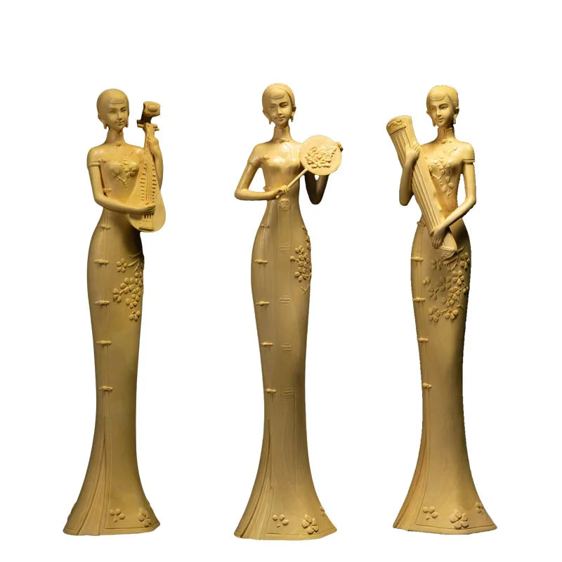 Boxwood 30cm Chinese Classical Beauty Sculpture Three Beauty Ladies Wood Carving Home Decor