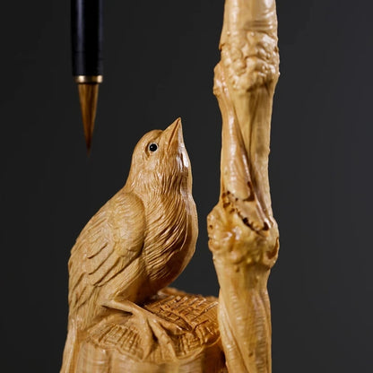 Boxwood 35cm Birds Penholder Sculpture Wood Calligraphy Brush Shelf Lucky Animal Statue Home Decor