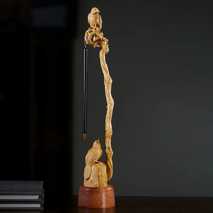 Boxwood 35cm Birds Penholder Sculpture Wood Calligraphy Brush Shelf Lucky Animal Statue Home Decor