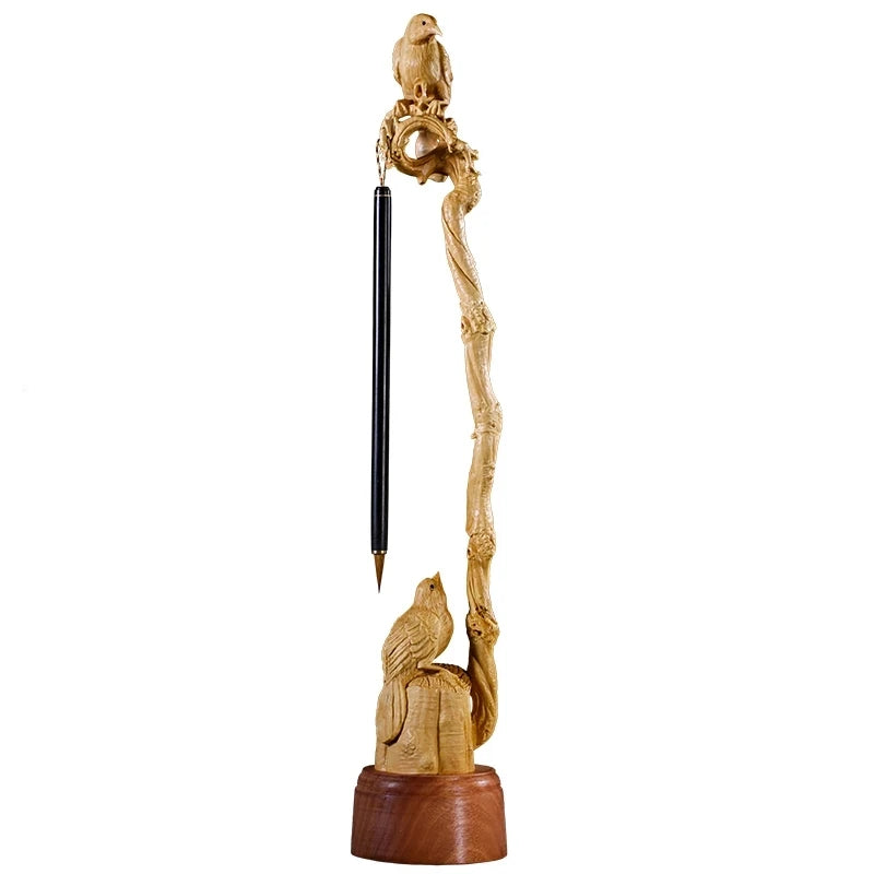 Boxwood 35cm Birds Penholder Sculpture Wood Calligraphy Brush Shelf Lucky Animal Statue Home Decor