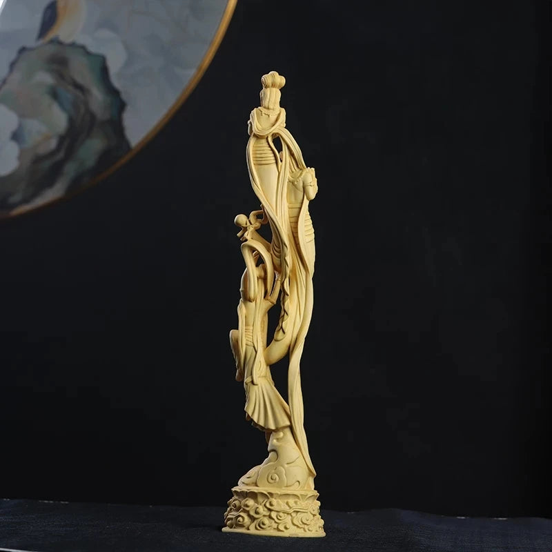 Boxwood 39cm Dunhuang Flying Fairy Sculpture Solid Wood Beauty Statue Living Room Home Decor