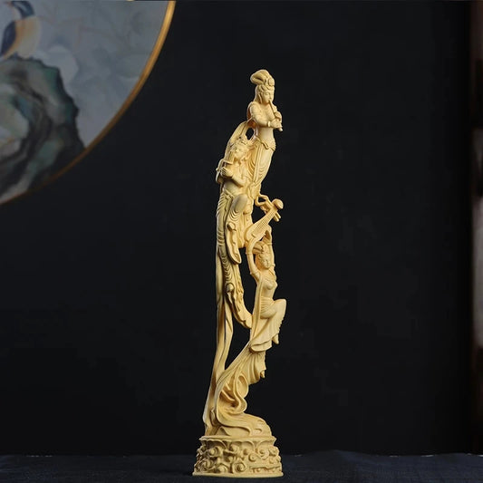 Boxwood 39cm Dunhuang Flying Fairy Sculpture Solid Wood Beauty Statue Living Room Home Decor