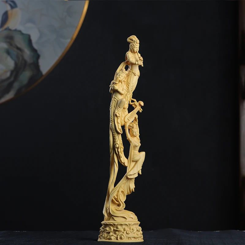 Boxwood 39cm Dunhuang Flying Fairy Sculpture Solid Wood Beauty Statue Living Room Home Decor