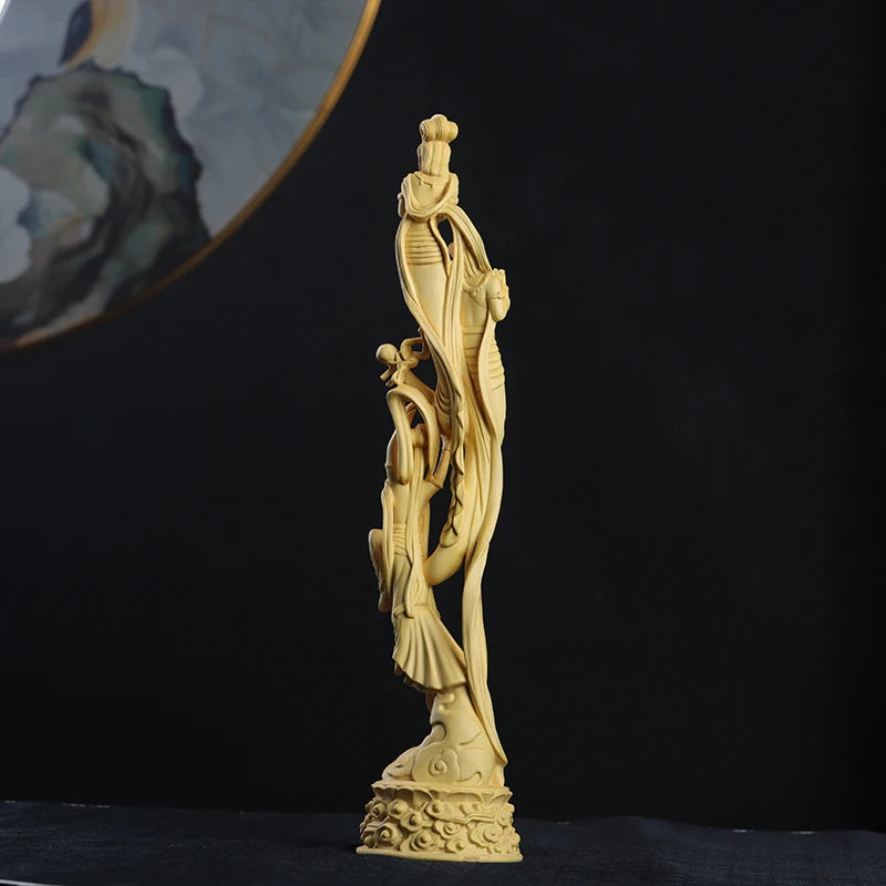 Boxwood 39cm Dunhuang Flying Fairy Sculpture Solid Wood Beauty Statue Living Room Home Decor