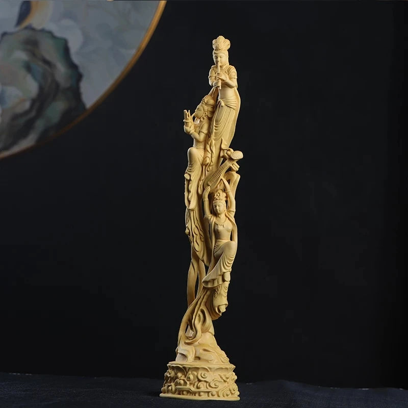 Boxwood 39cm Dunhuang Flying Fairy Sculpture Solid Wood Beauty Statue Living Room Home Decor