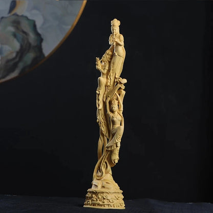 Boxwood 39cm Dunhuang Flying Fairy Sculpture Solid Wood Beauty Statue Living Room Home Decor