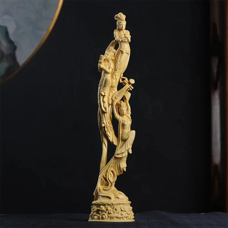 Boxwood 39cm Dunhuang Flying Fairy Sculpture Solid Wood Beauty Statue Living Room Home Decor